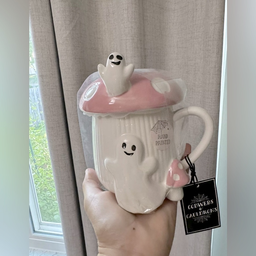 Cobwebs And Cauldrons Large Coffee Mushroom Ghost Mug Pink